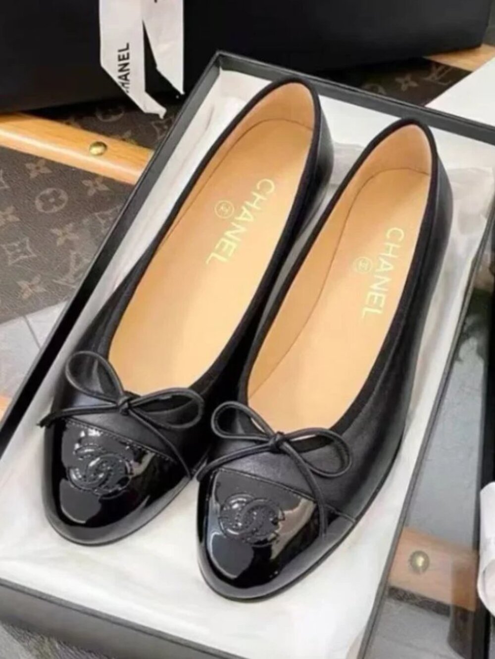 Chanel Black Patent Cap‑Toe Bow CC Logo Ballet Flats
